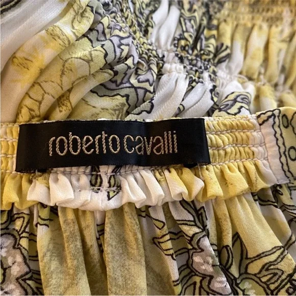 Roberto Cavalli White and Green Off-Shoulder silk Dress,